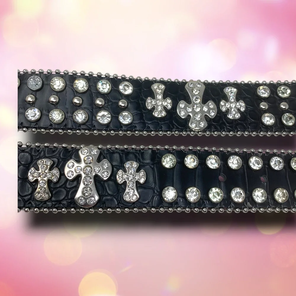 Vintage Nocona Sz S Black Leather Crystal Rhinestone Bling Western Belt Crosses